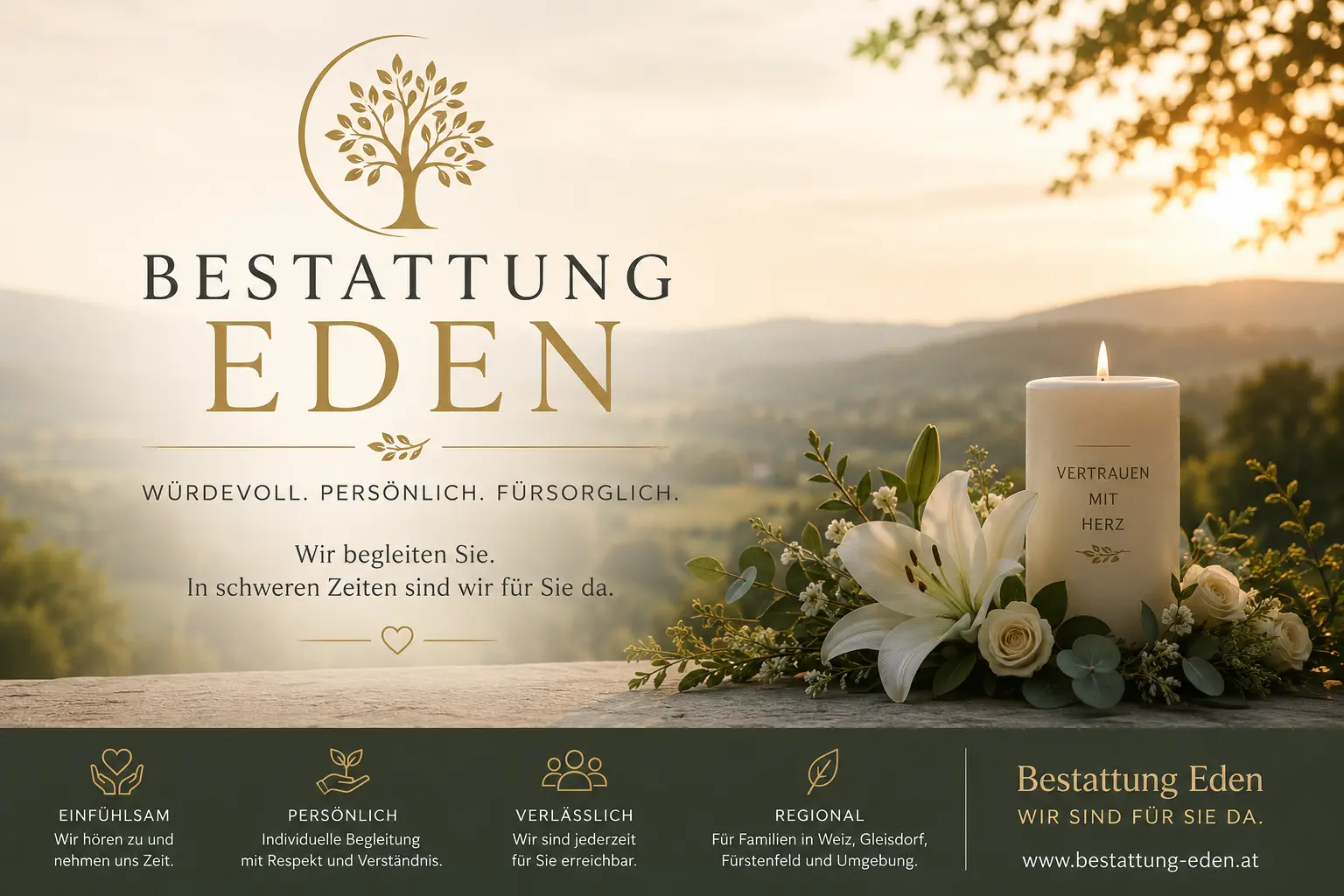 Bestattung Eden Anzeige mit Sonnenaufgang, Kerze und Blumen als Symbol für Trauer und Erinnerung