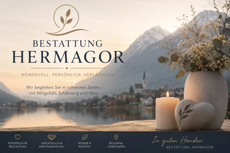 Bestattung Hermagor mit Kerze, Blumen und Alpenkulisse