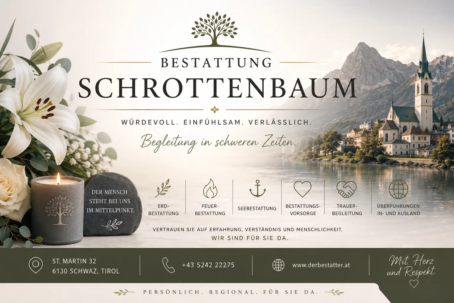 Bestattung Schrottenbaum mit Lilien, Kerze und Tiroler Berglandschaft