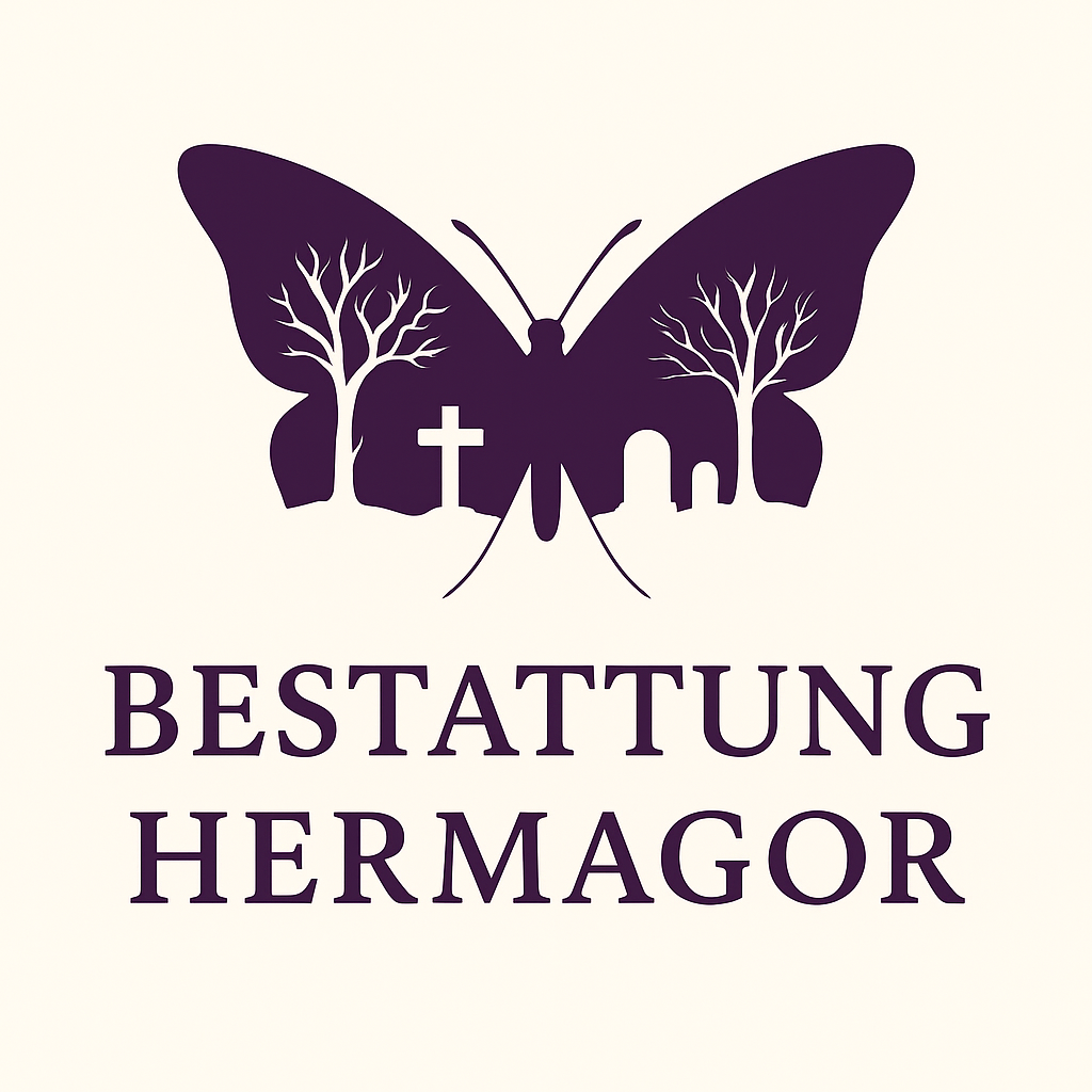 Bestattung Hermagor logo featuring a purple butterfly with graveyard elements, trees, and crosses integrated into the wings