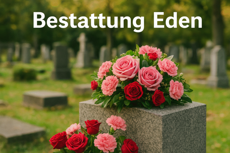 Bestattung Eden : Umfassende Begleitung, Aktuelle Sterbefälle, Parten & Regionale Standorte in der Steiermark 10 Bestattung Eden logo with pink and red flowers arranged on a gravestone in a peaceful graveyard setting