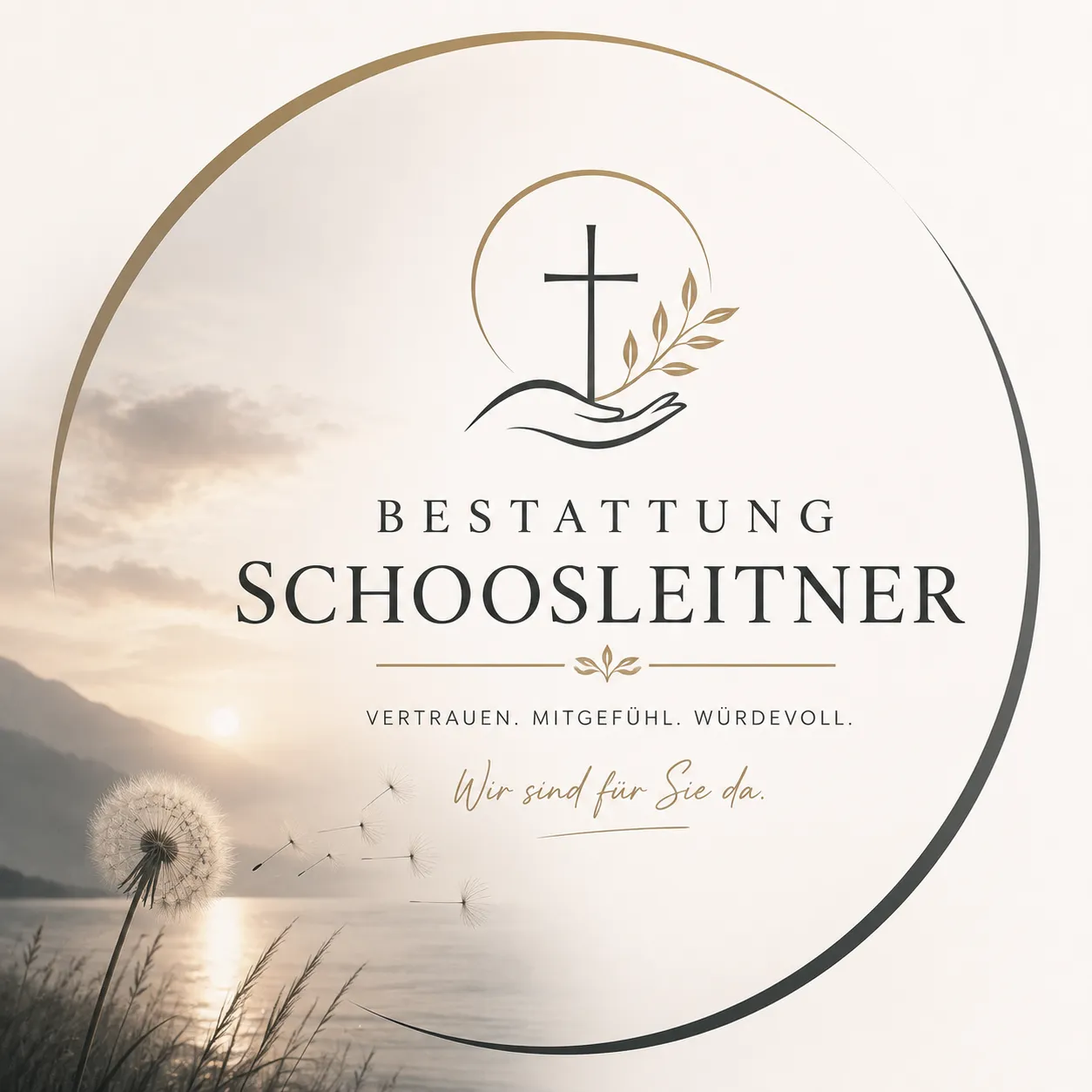 Bestattung Schoosleitner mit Kreuz und Seelandschaft