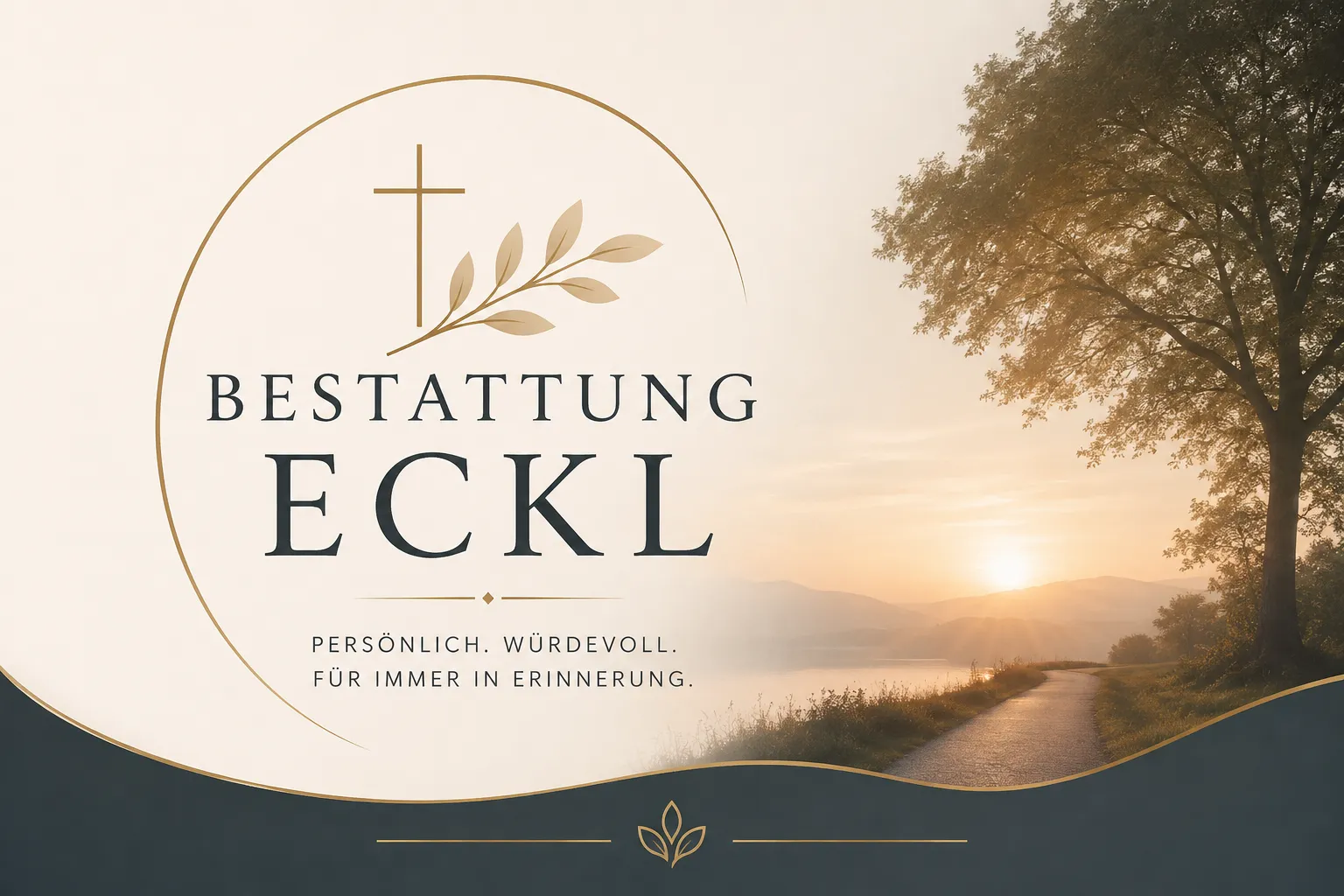 Bestattung Eckl mit Kreuz, Blätterzweig und Abendlandschaft