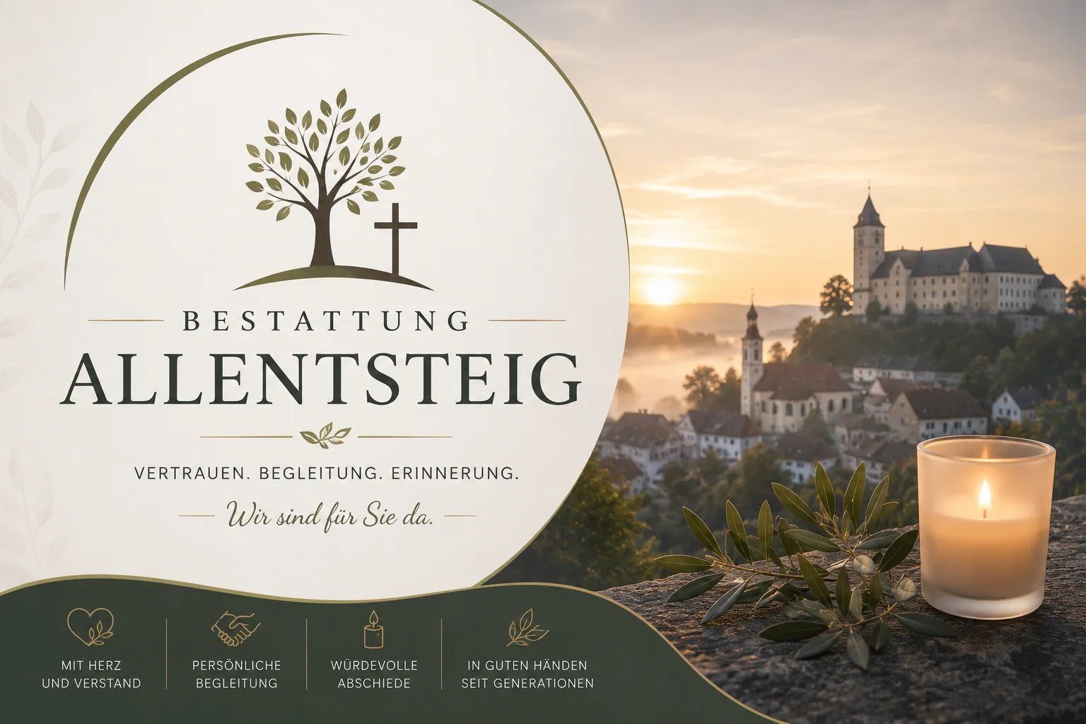 Bestattung Allentsteig mit Baum, Kreuz und Kerzenlicht