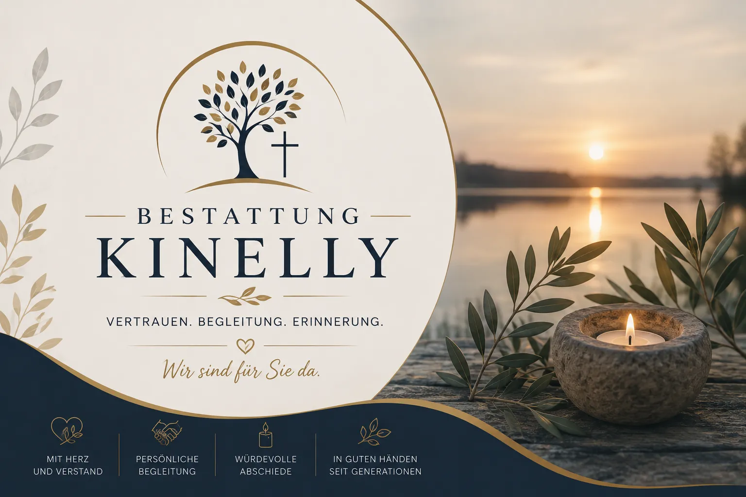 Bestattung Kinelly mit Baum, Kreuz und Kerzenlicht