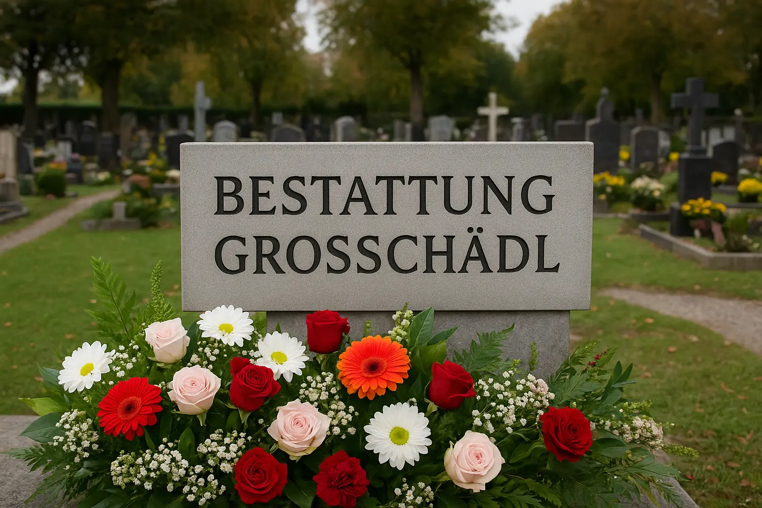 Bestattung Großschädl Friedhof mit Blumenkranz, Grabsteinen und ruhiger Umgebung in der Steiermark, Österreich