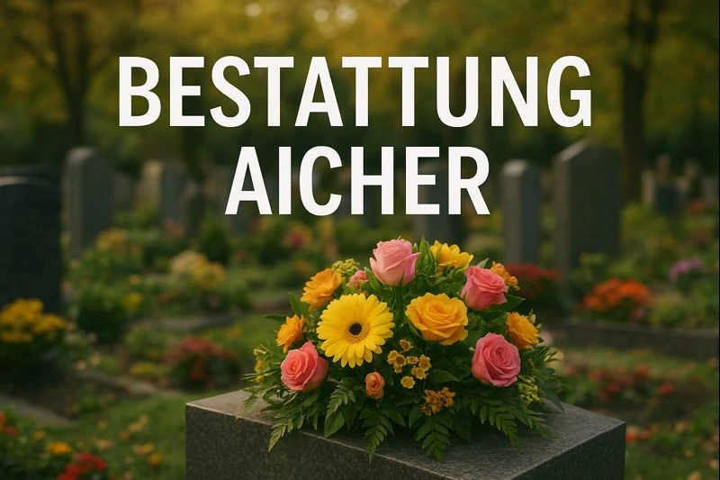Blumenstrauß auf einem Grabstein auf einem ruhigen Friedhof, symbolisch für würdevolle Abschiednahme und Bestattungsdienste von Bestattung Aicher
