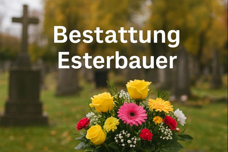Blumenarrangement auf einem Friedhof mit Grabsteinen im Hintergrund : würdevolle Erinnerung und Bestattungsdienst von Bestattung Esterbauer.