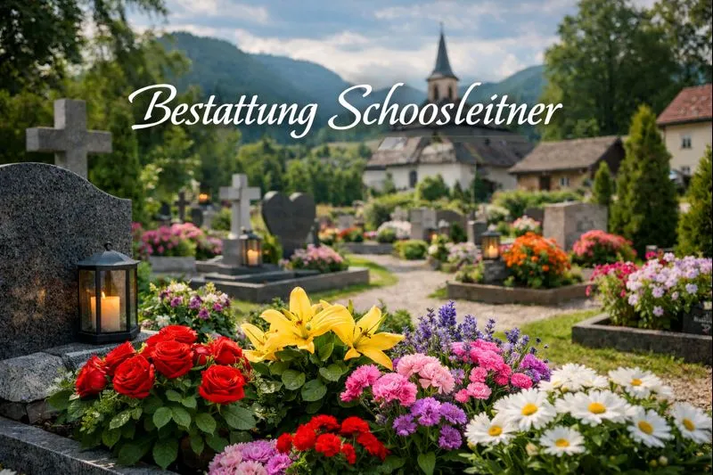 Bestattung Schoosleitner : Friedhofsszene mit gepflegten Grabstätten, bunten Blumenarrangements und ruhiger, würdevoller Atmosphäre in ländlicher Umgebung.