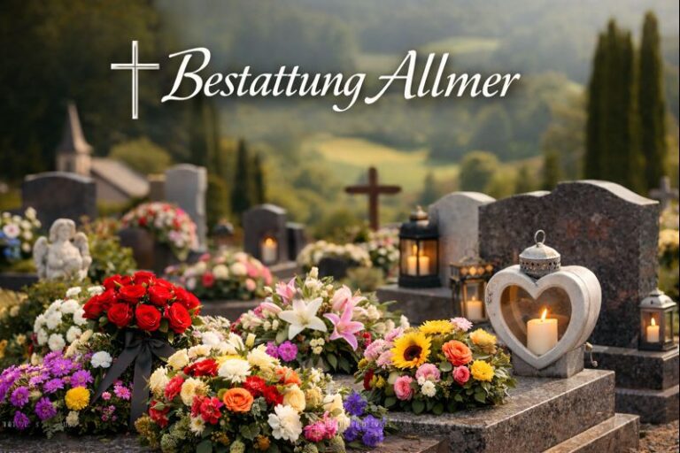 Würdevolle Grabstätte mit Blumen, Kerzen und Gedenklicht auf einem Friedhof : Bestattung Allmer begleitet Angehörige einfühlsam im Trauerfall.