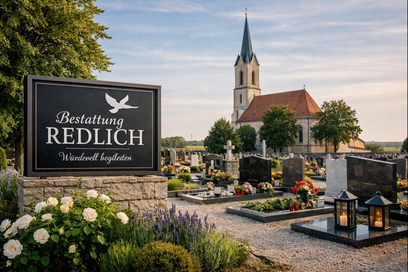 Friedhof in Gänserndorf mit Grabsteinen, Blumen und einem Schild von Bestattung Redlich im Vordergrund, Kirche im Hintergrund