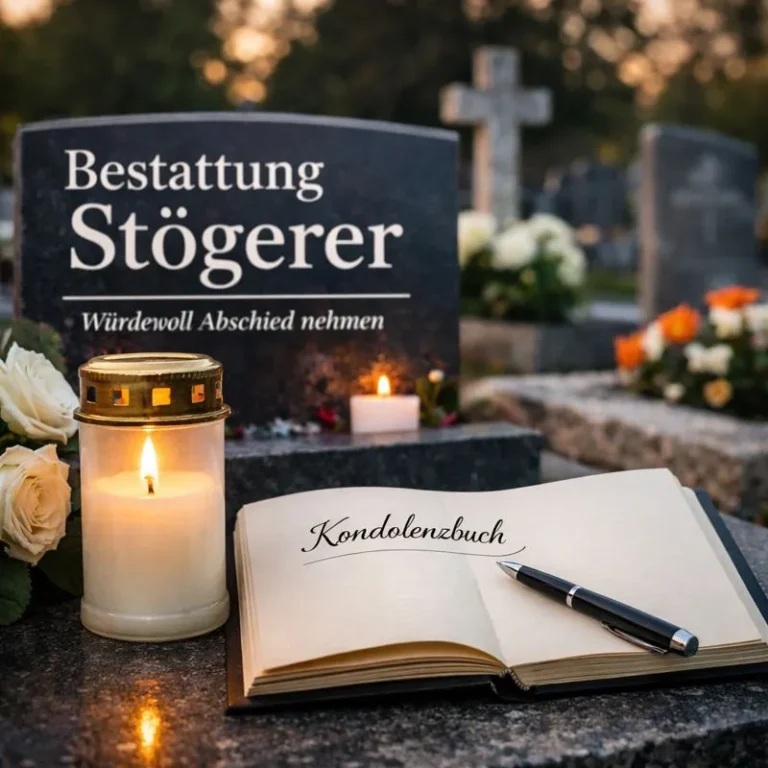 Bestattung Stögerer Friedhofszene mit brennender Trauerkerze und Kondolenzbuch für würdevollen Abschied