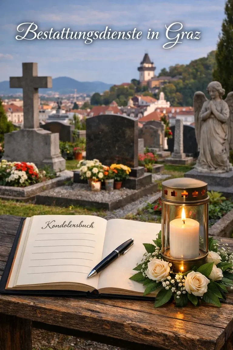 Gedenkszene auf einem Friedhof in Graz mit Kondolenzbuch, brennender Gedenkkerze und Blick auf Grabstätten – Symbol für würdevolle Bestattungsdienste in Graz.