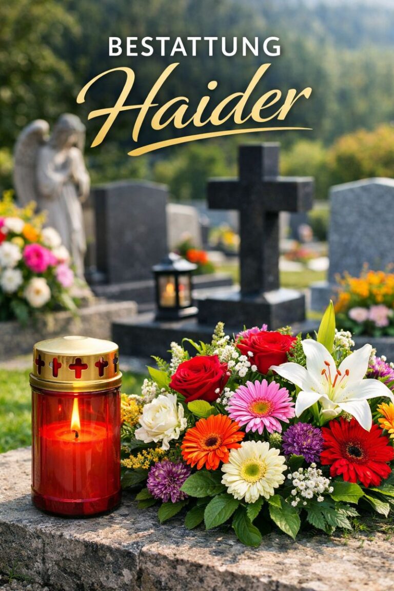 Würdevolle Friedhofsszene mit Gedenkkerze und buntem Blumenstrauß bei Bestattung Haider : symbolisches Bild für Abschied und Erinnerung