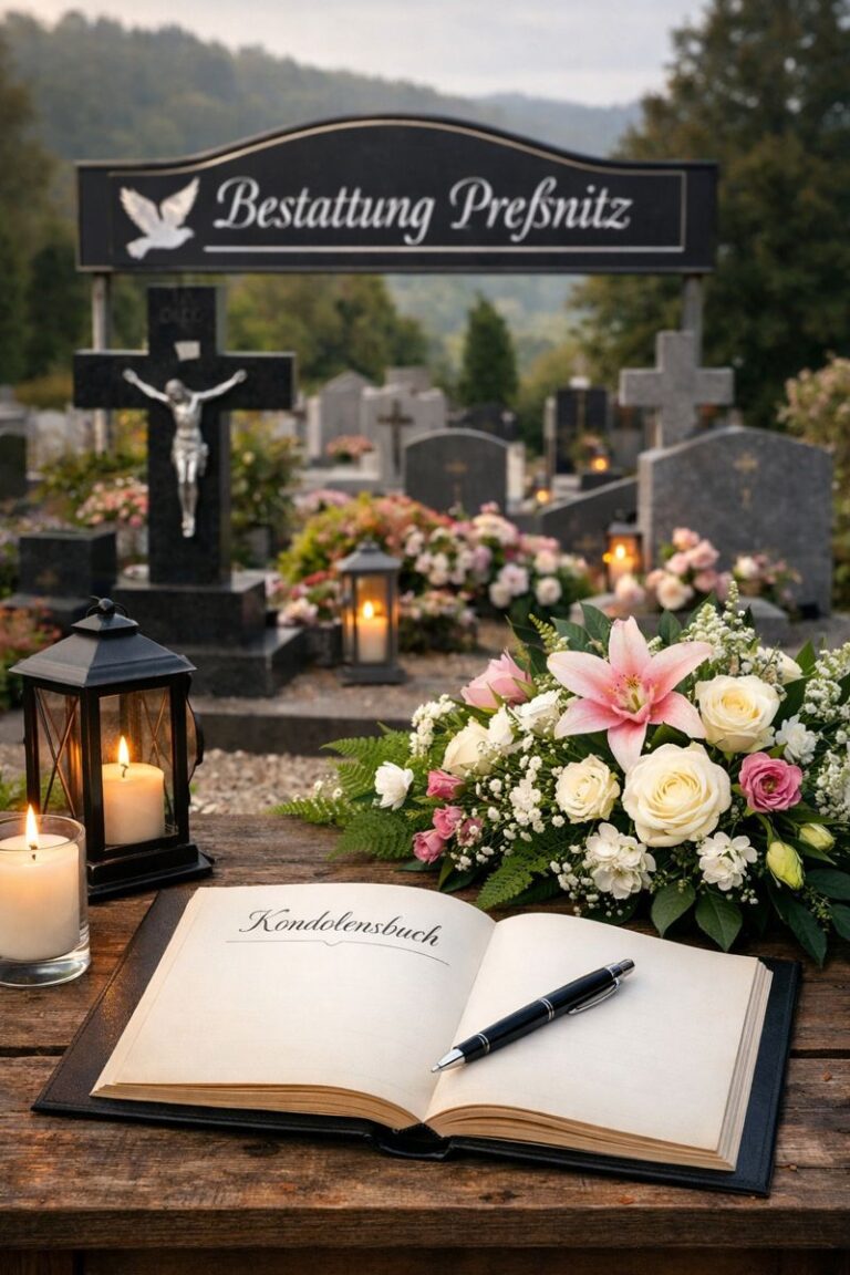 Bestattung Preßnitz: Würdevoller Abschied mit Tradition und Empathie 9 Kondolenzbuch, Blumen und Kerzen auf einem Tisch vor einem Friedhof – würdevolle Trauerbegleitung durch Bestattung Preßnitz in der Steiermark