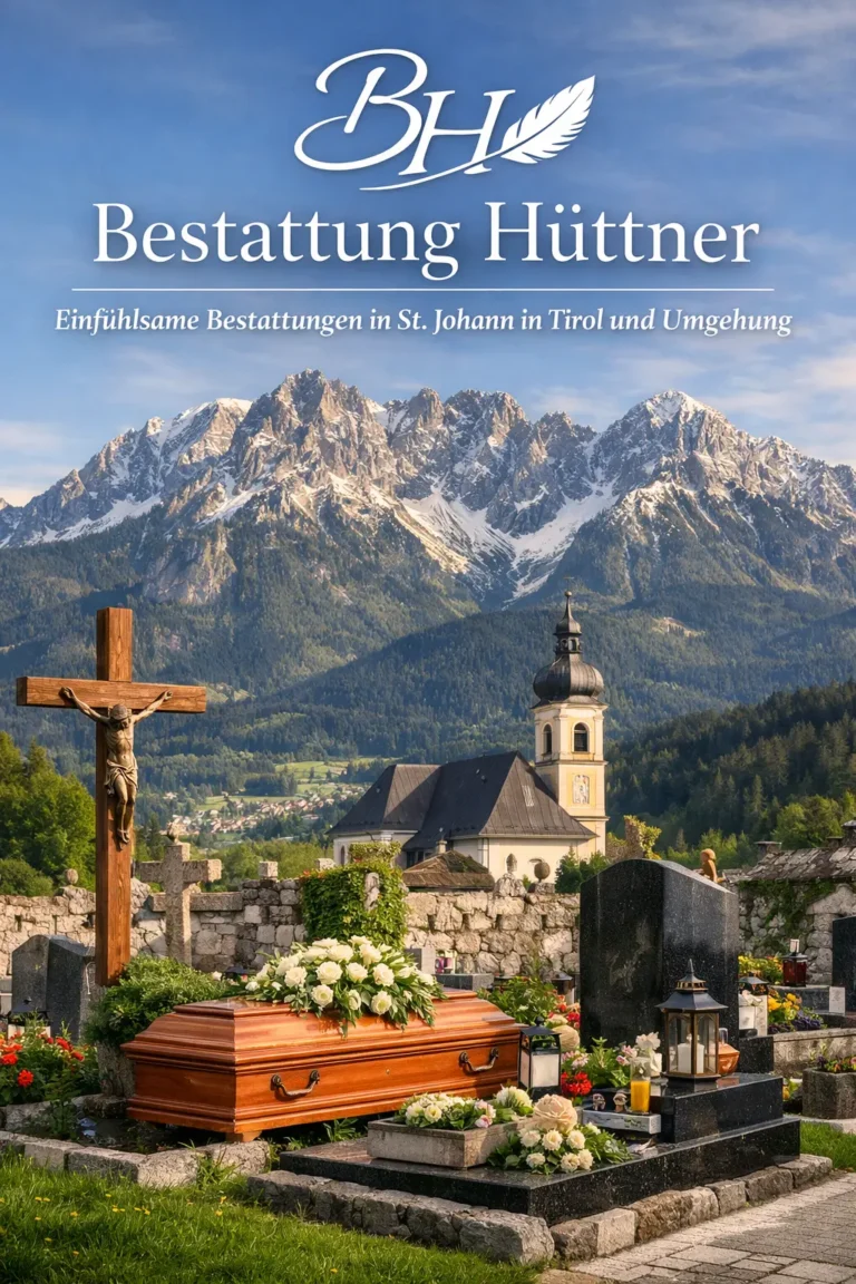 Bestattung Hüttner : Einfühlsame Bestattungen in St. Johann in Tirol und Umgebung 8 Würdevolle Bestattung in St. Johann in Tirol mit Alpenkulisse : Friedhof mit Sarg, Grabsteinen und Bergen im Hintergrund von Bestattung Hüttner