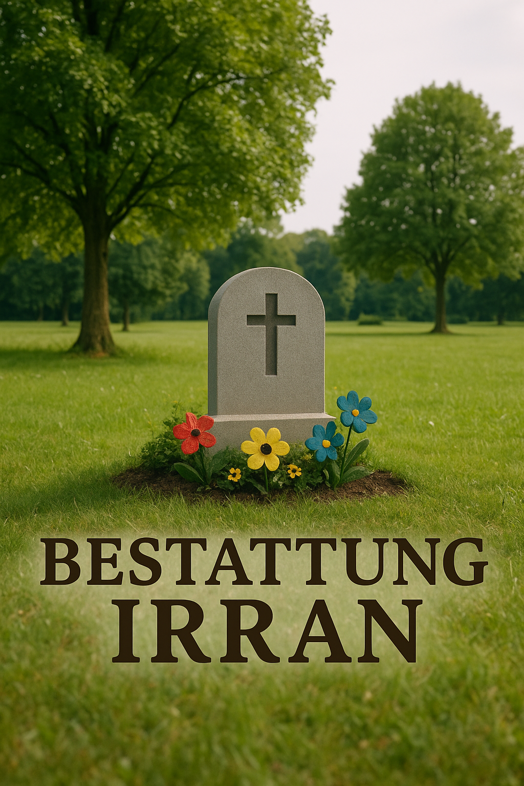 Realistic cemetery scene featuring a gravestone, blooming flowers, green trees and soft daylight, symbolizing peace, remembrance and Bestattung Irran’s funeral services.