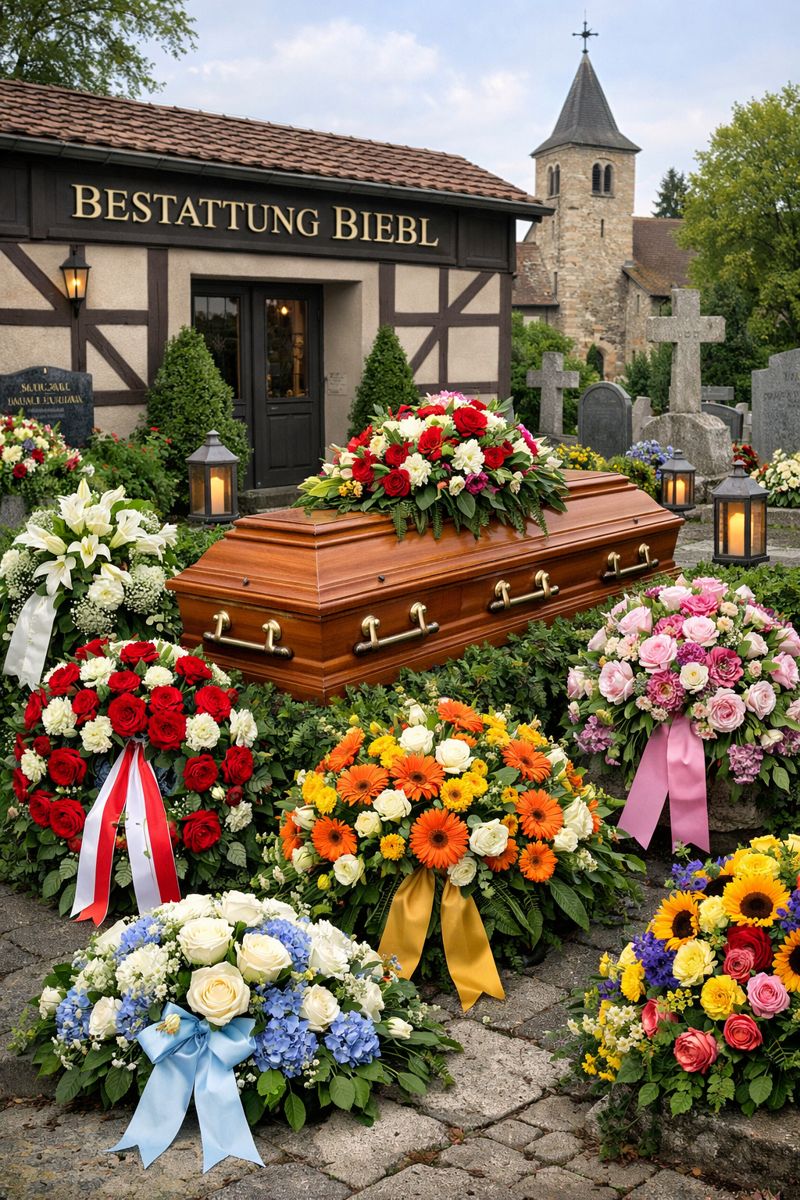 Bestattung Biebl mit Sarg auf dem Friedhof, umgeben von bunten Trauerkränzen und Blumenarrangements