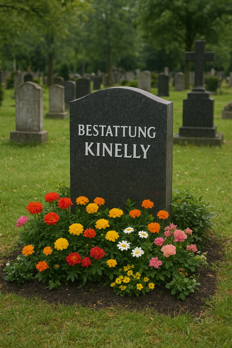 Bestattung Kinelly : Umfassender Leitfaden im Trauerfall für Markt Allhau, Pinkafeld & Stegersbach 7 Bestattung Kinelly gravestone surrounded by colorful flowers in a peaceful cemetery with trees and headstones