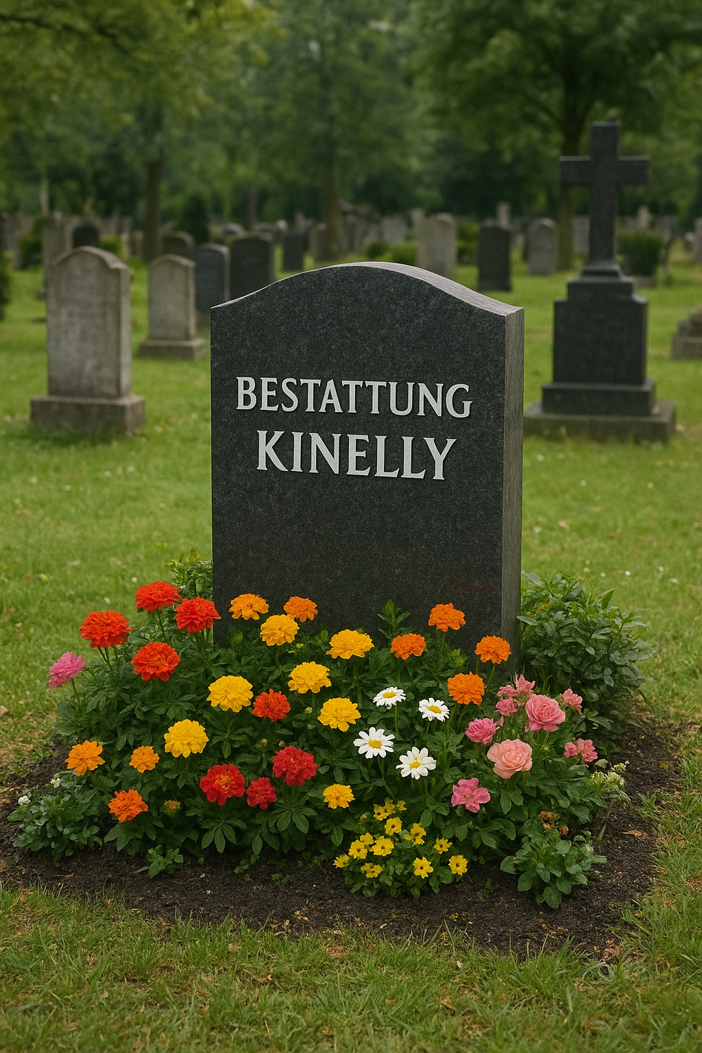 Bestattung Kinelly gravestone surrounded by colorful flowers in a peaceful cemetery with trees and headstones