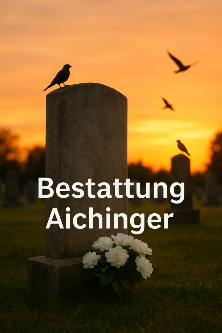 Bestattung Aichinger : Überblick, Leistungen, Traueranzeigen & Regionale Orientierung für Angehörige 4 Grabstein auf einem ruhigen Friedhof bei Sonnenuntergang mit weißen Blumen und Vögeln, mit dem Text ‚Bestattung Aichinger