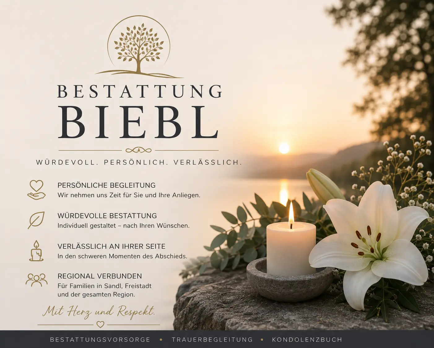 Bestattung Biebl mit Lilie und Gedenkkerze am See