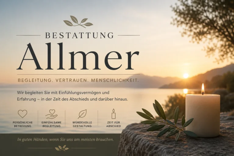 Bestattung Allmer mit Kerze, Olivenzweig und ruhiger Seenlandschaft bei Sonnenuntergang als Symbol für würdevollen Abschied