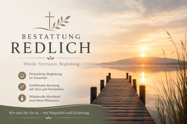 Bestattung Redlich am See mit Holzsteg und Sonnenuntergang als Symbol für würdevollen Abschied
