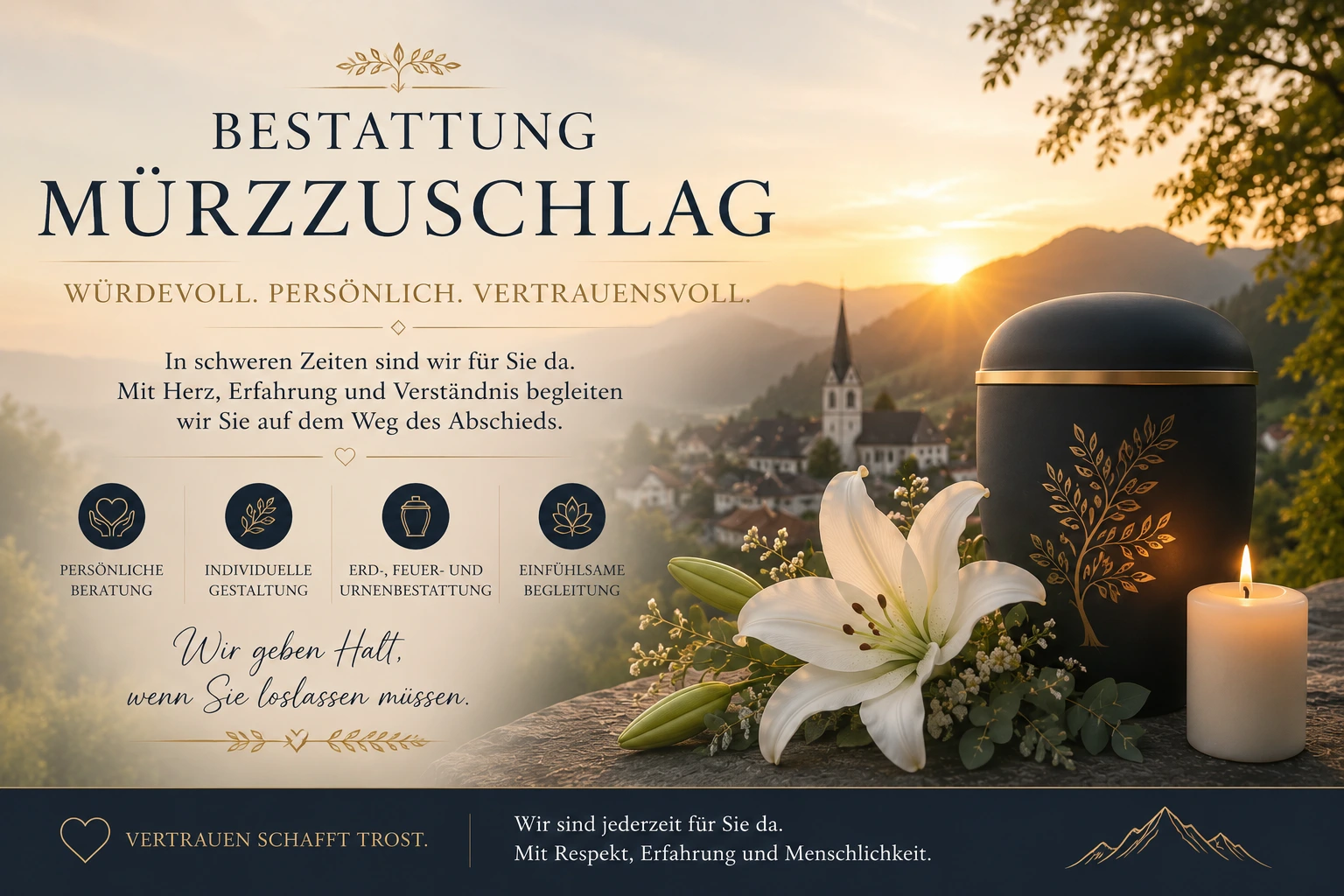 Bestattung Mürzzuschlag mit Urne, Lilie und Kerze vor alpiner Landschaft bei Sonnenuntergang