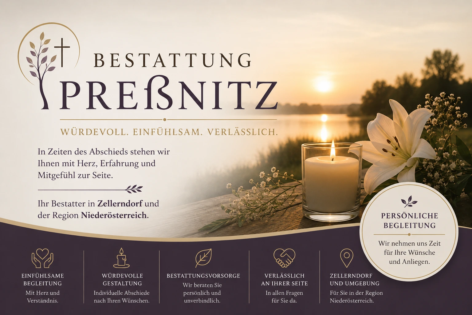 Bestattung Preßnitz mit Kerze und weißer Lilie am See würdevolle Bestattung in Niederösterreich