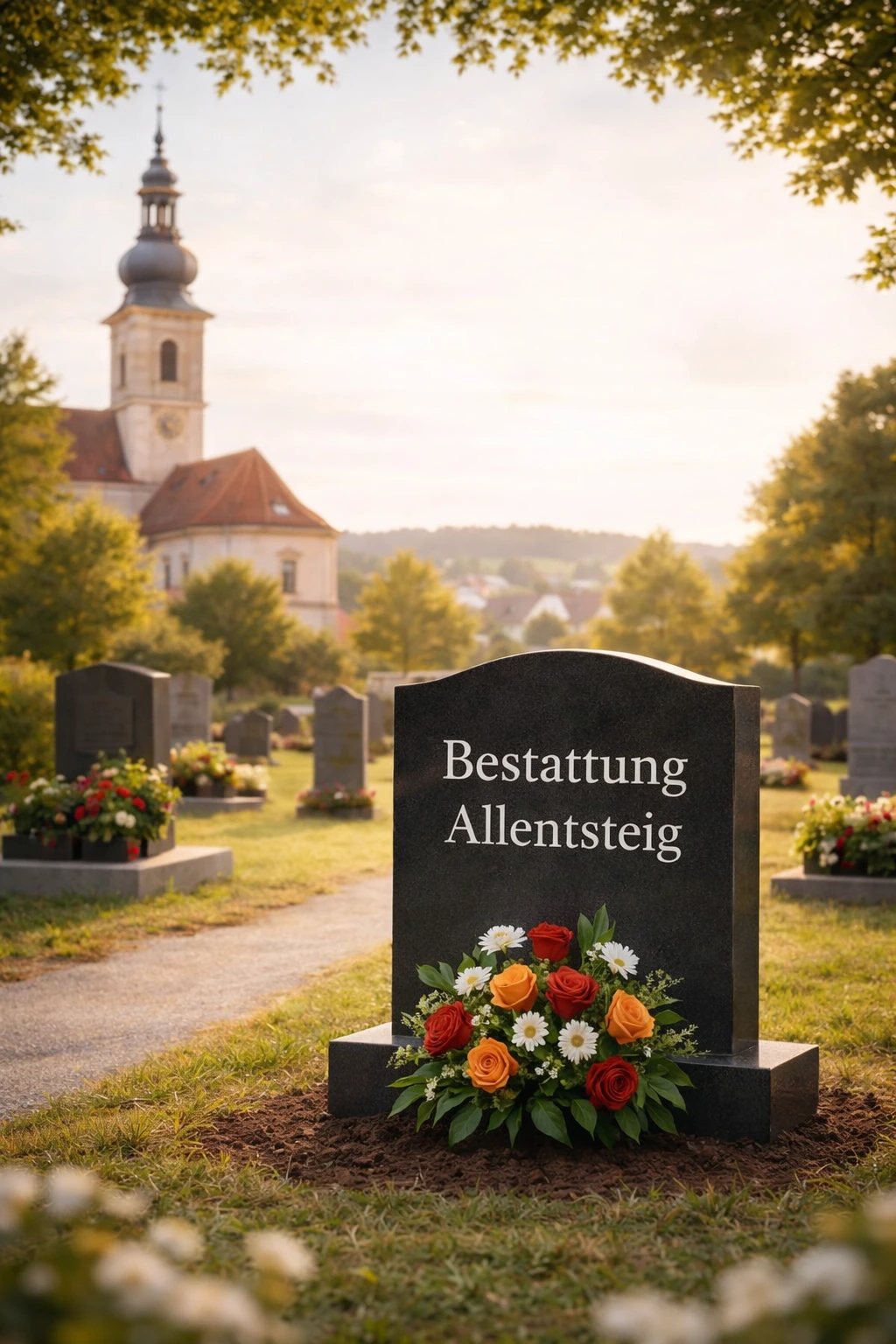 Bestattung Allentsteig - Grabstein mit Blumen auf einem Friedhof in Allentsteig, Niederösterreich