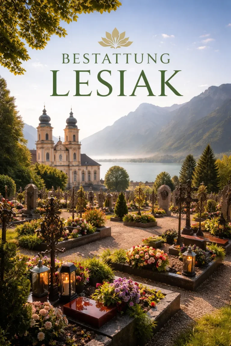 Bestattung Lesiak Mondsee - Friedhof mit Grabsteinen, Blumen und Blick auf Mondsee und Basilika St. Michael