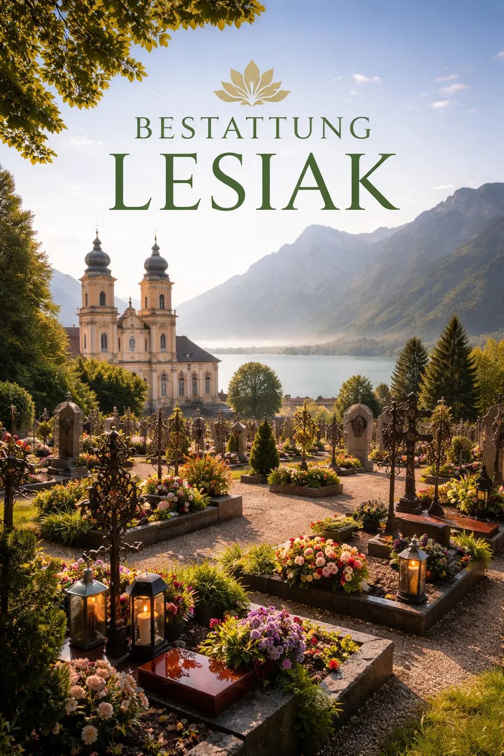 Bestattung Lesiak Mondsee - Friedhof mit Grabsteinen, Blumen und Blick auf Mondsee und Basilika St. Michael