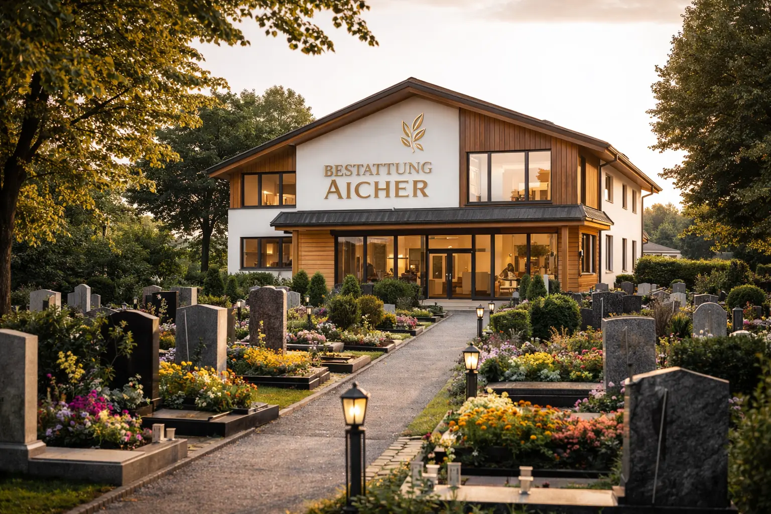 Bestattung Aicher in Schwanenstadt neben gepflegtem Friedhof mit Grabsteinen und Blumen