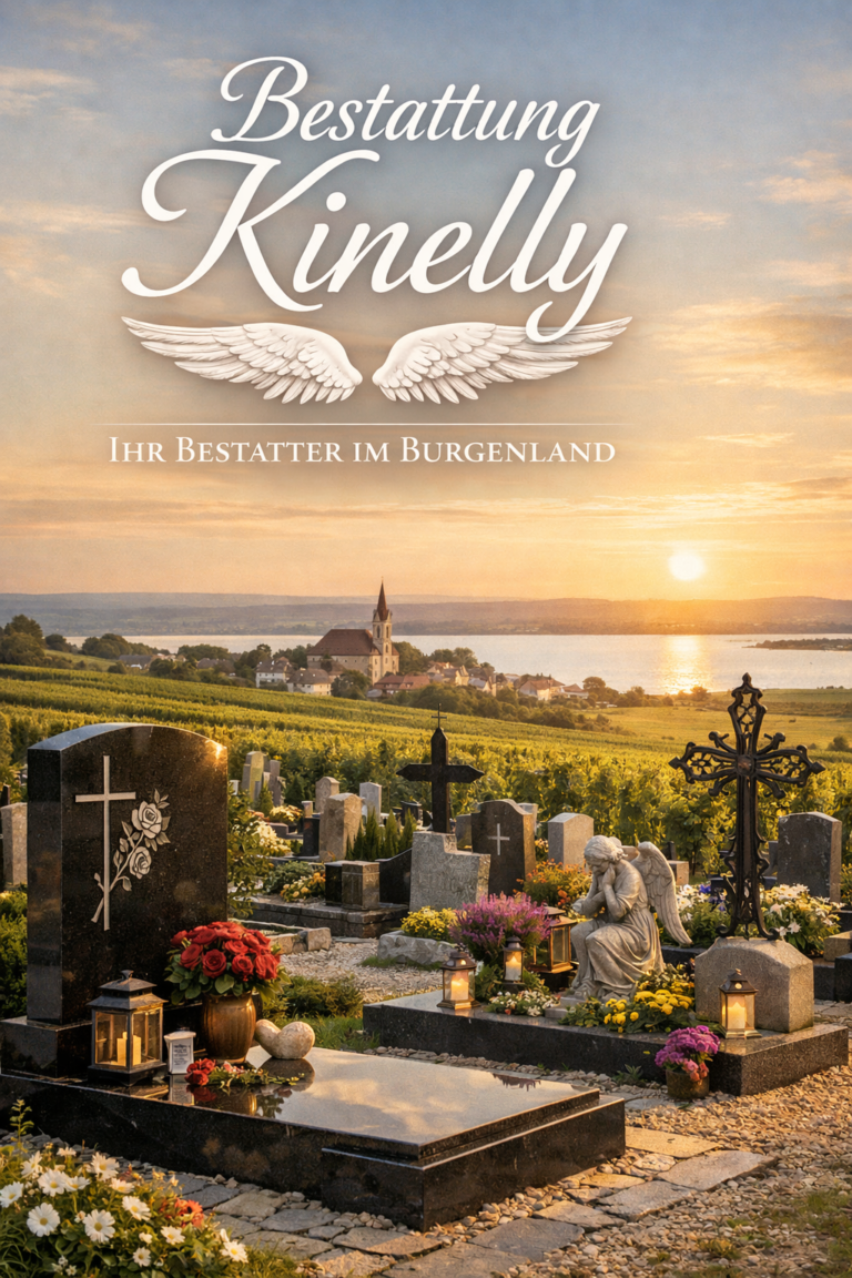Bestattung Kinelly im Burgenland - Friedhof mit Grabsteinen und Blumen bei Sonnenuntergang