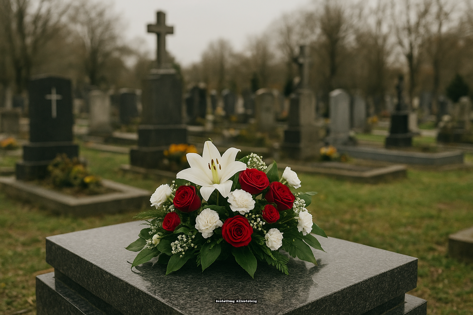 Blumenarrangement aus weißen Lilien und roten Rosen auf einem Grabstein in einem ruhigen Friedhof in Allentsteig, symbolisch für Bestattung Allentsteig