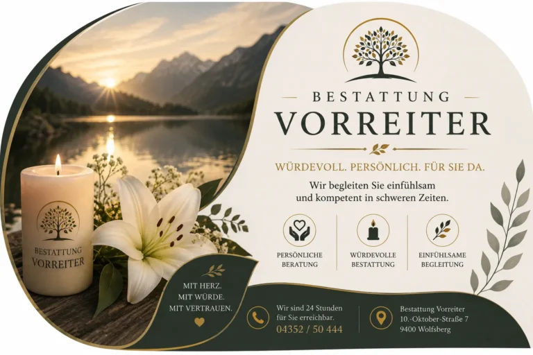 Bestattung Vorreiter mit Trauerkerze, Lilie und Bergsee