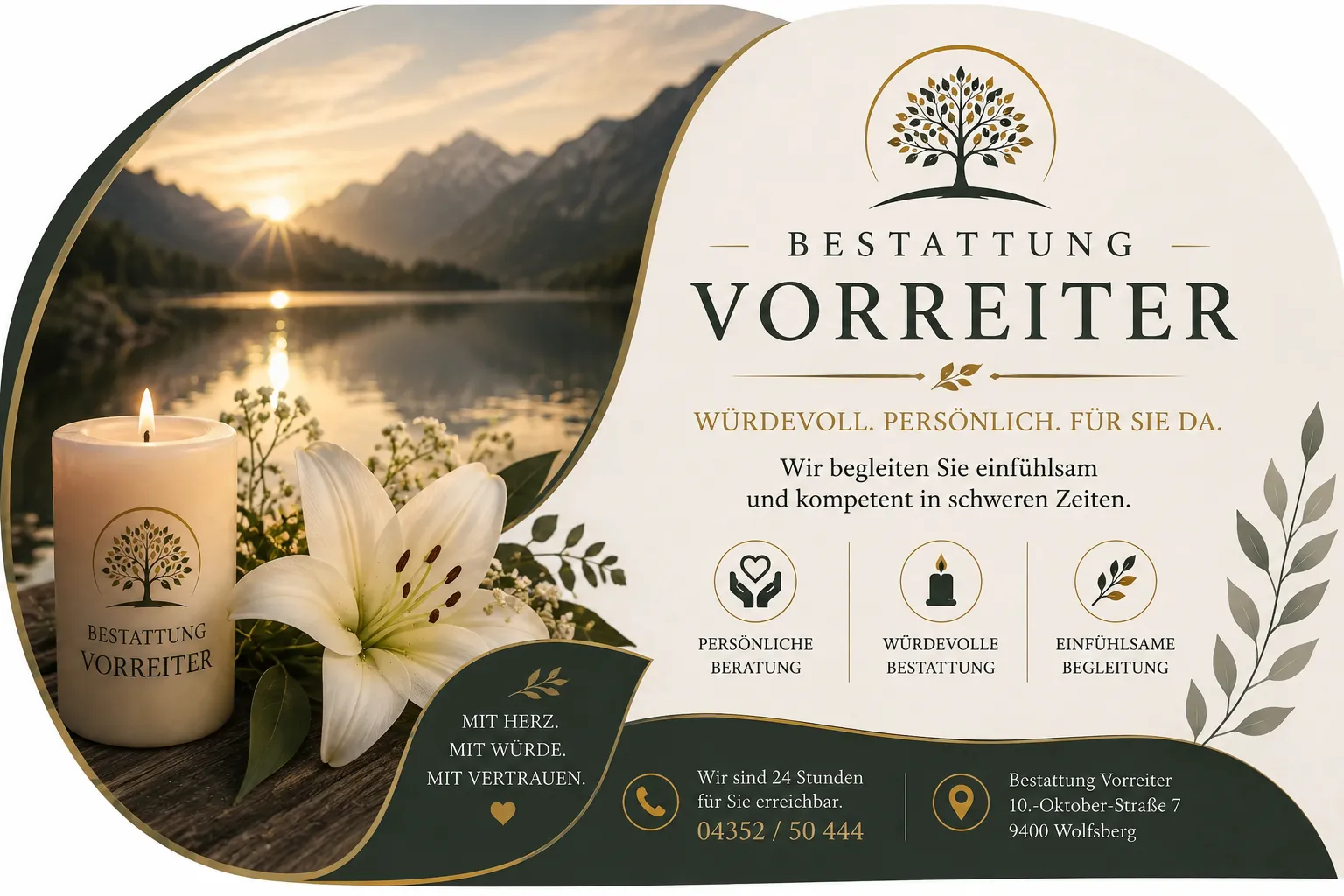 Bestattung Vorreiter mit Trauerkerze, Lilie und Bergsee
