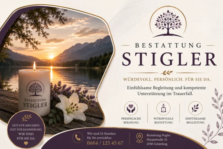 Bestattung Stigler mit Kerze, Lilie und Bergsee