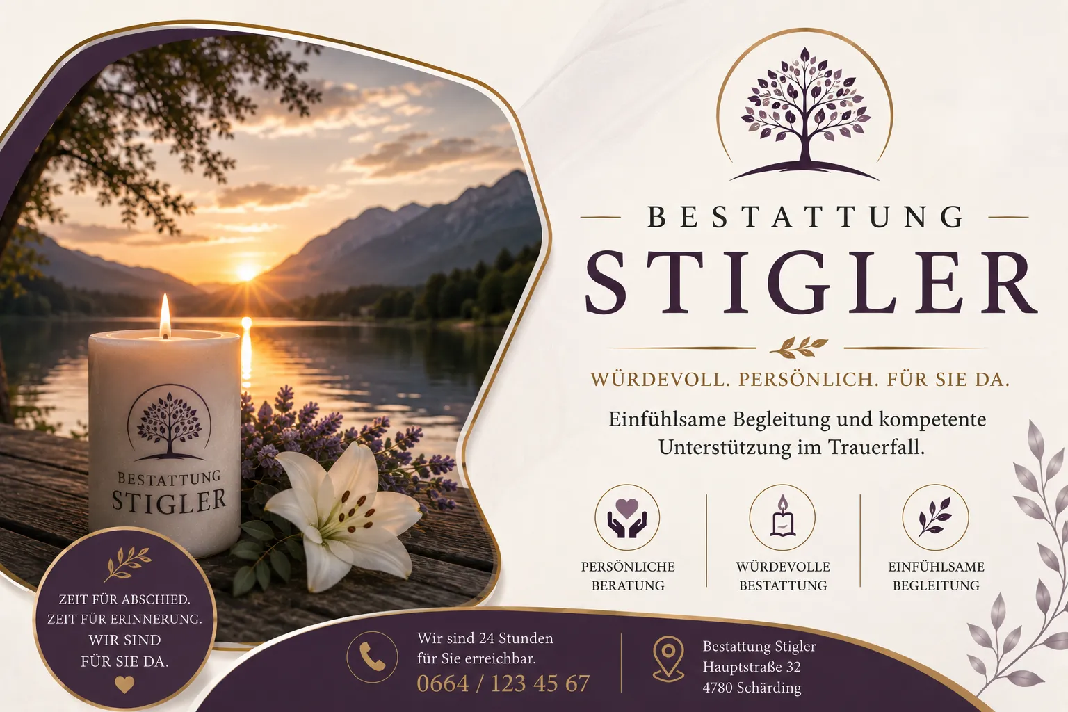 Bestattung Stigler mit Kerze, Lilie und Bergsee