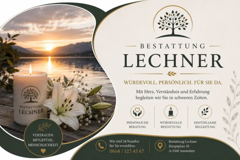 Bestattung Lechner mit Kerze, Lilie und Bergsee