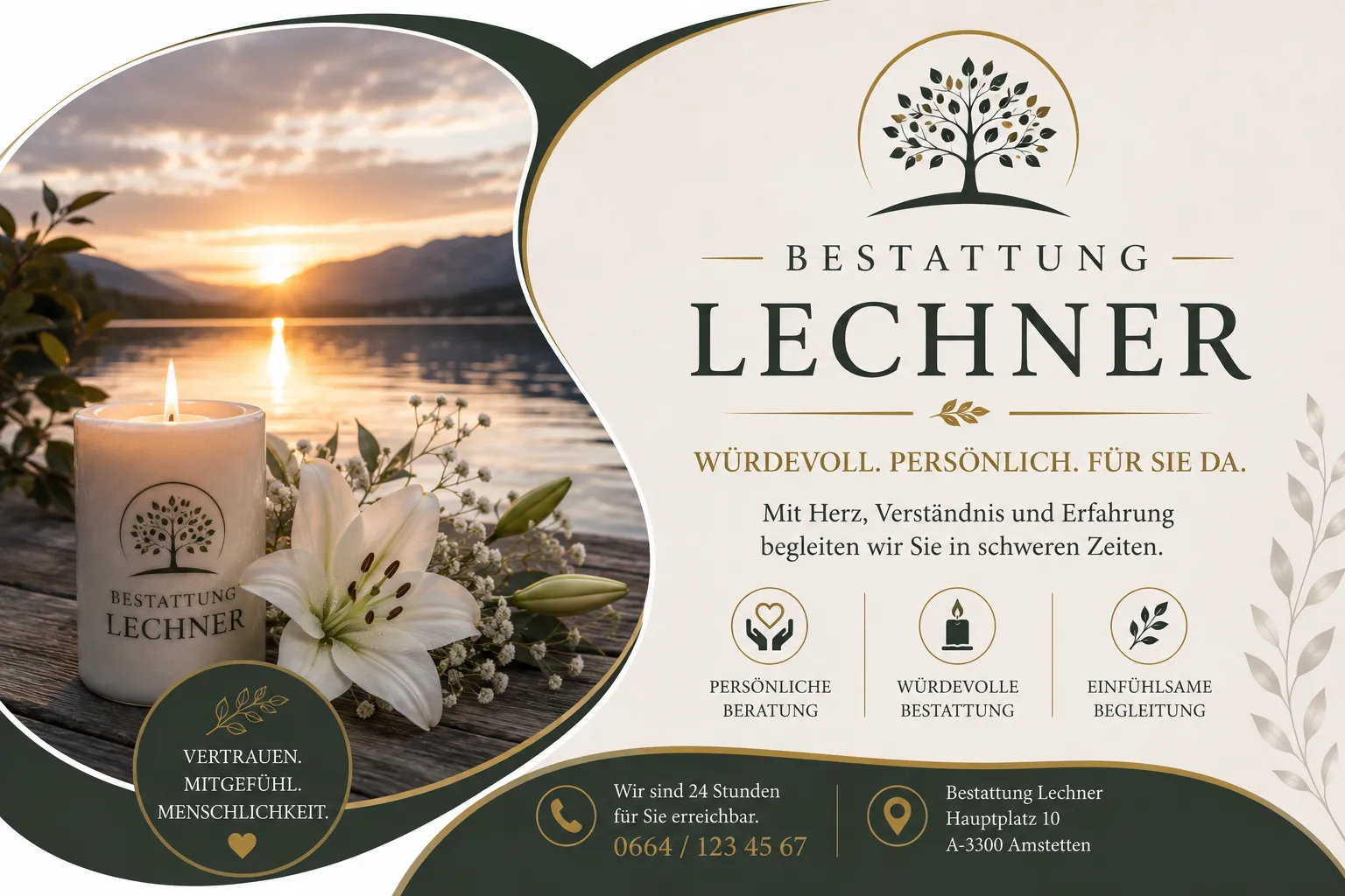 Bestattung Lechner mit Kerze, Lilie und Bergsee