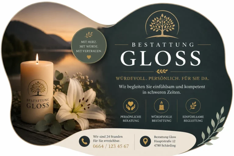 Bestattung Gloss mit Kerze, weißer Lilie und Abendlandschaft