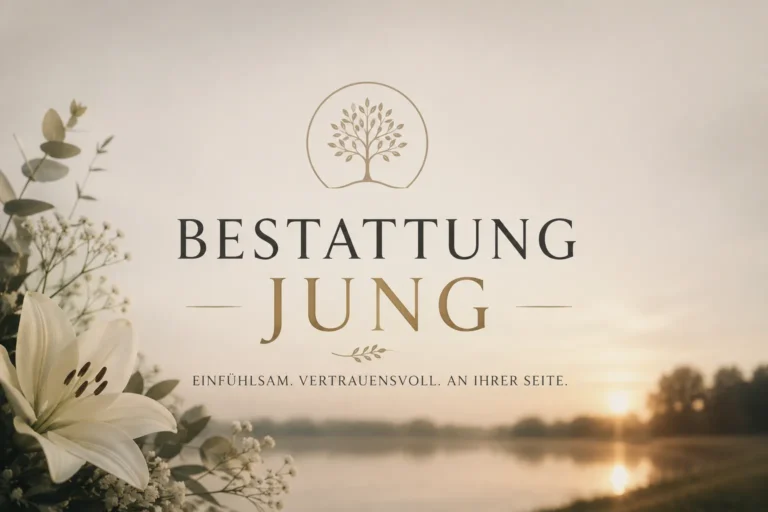 Bestattung Jung mit weißer Lilie und Lebensbaum im Abendlicht