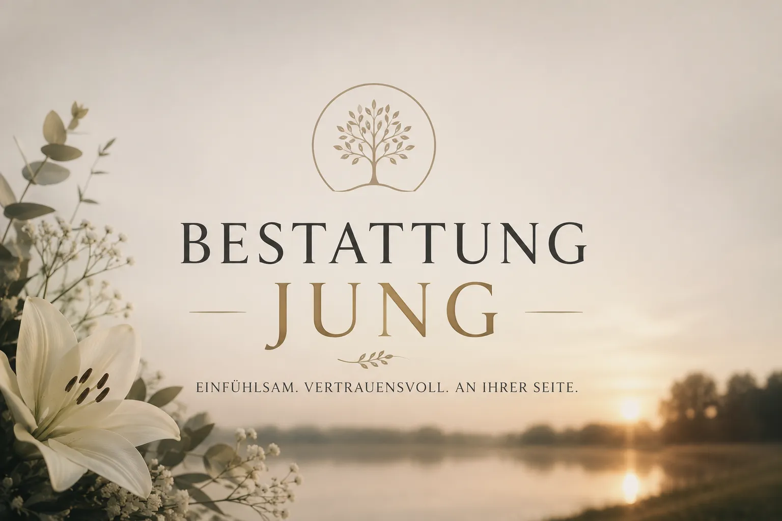 Bestattung Jung mit weißer Lilie und Lebensbaum im Abendlicht