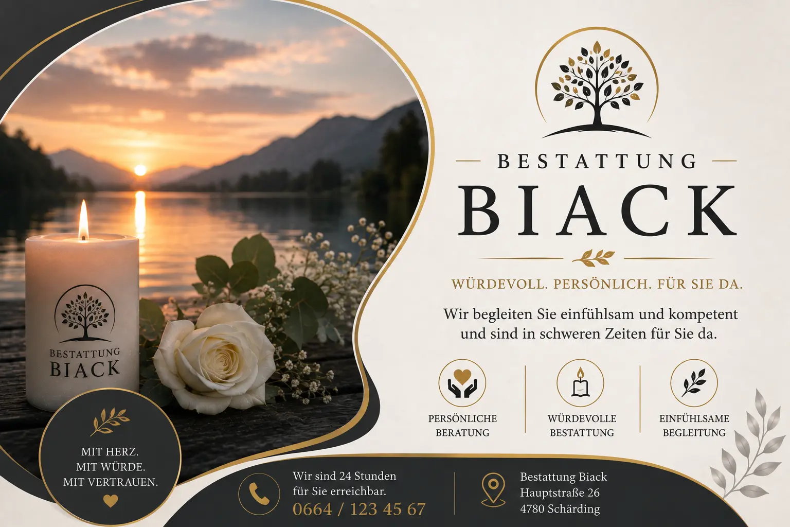 Bestattung Biack mit Kerze, Rose und Bergsee