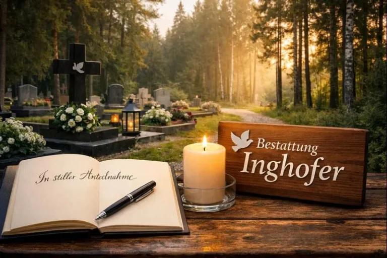 Bestattung Inghofer: Friedhof mit Kondolenzbuch, brennender Kerze und Wald im Hintergrund
