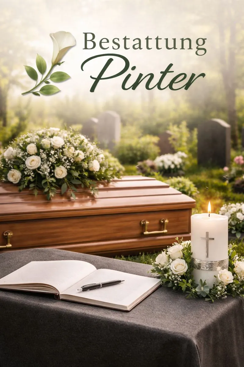 Würdige Bestattungsszene von Bestattung Pinter mit Sarg, Gedenkkerze, Kondolenzbuch und Friedhof in der Steiermark