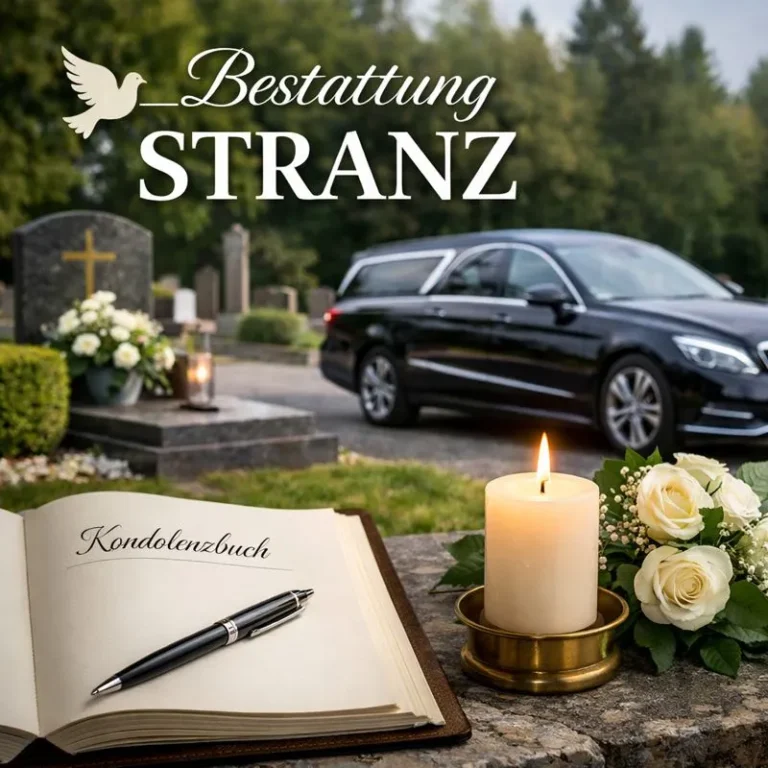 Bestattung Stranz mit Kondolenzbuch, brennender Kerze und schwarzem Leichenwagen auf einem ruhigen Friedhof