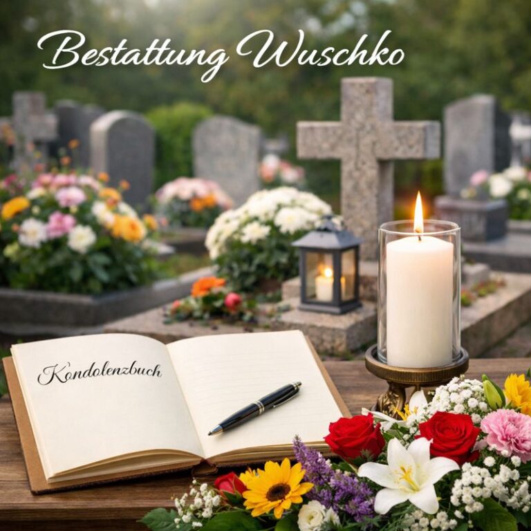 Würdige Trauerszene von Bestattung Wuschko mit Kondolenzbuch, brennender Kerze, bunten Blumen und Grabsteinen auf einem Friedhof